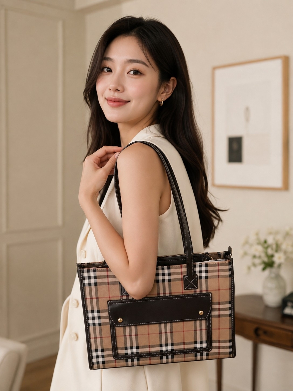Classic Plaid Tote Bag in Beige and Black Burberry